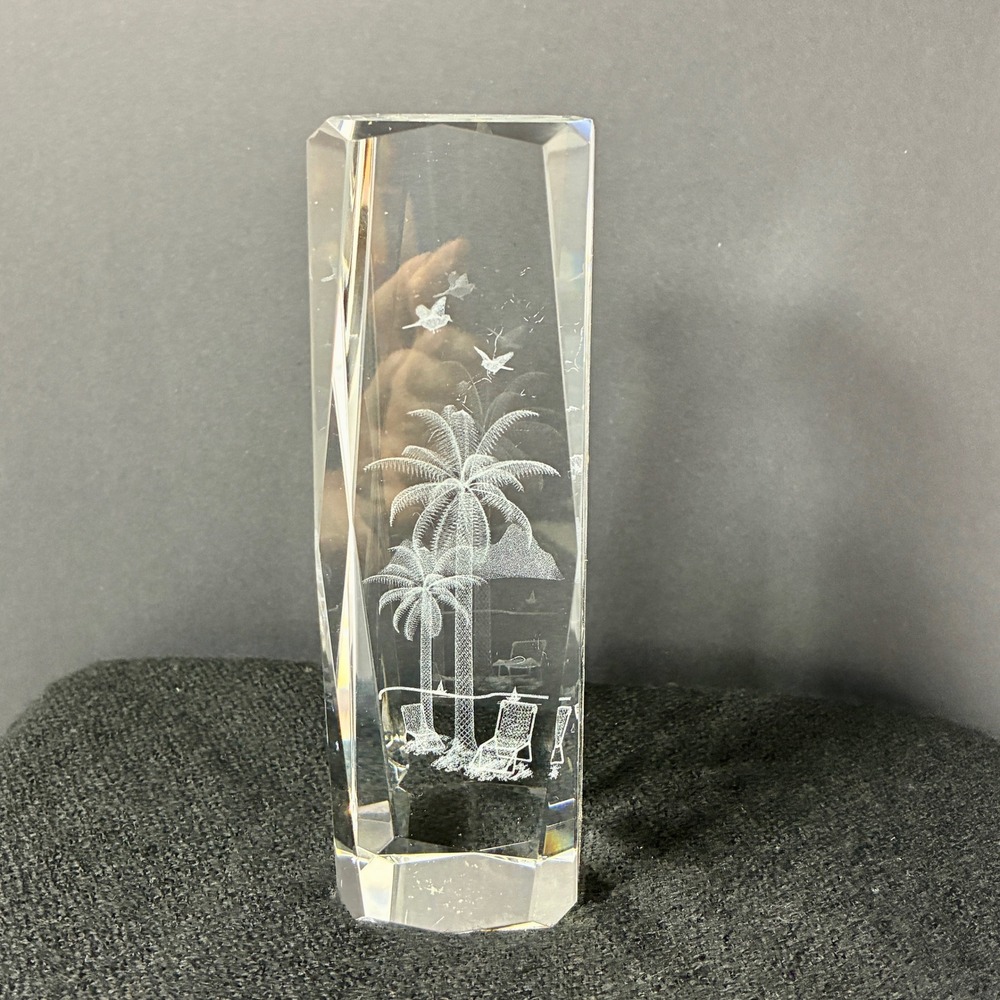 VTG Tropical Palm Tree 3D Laser Etched Crystal Glass Paperweight Faceted Prism